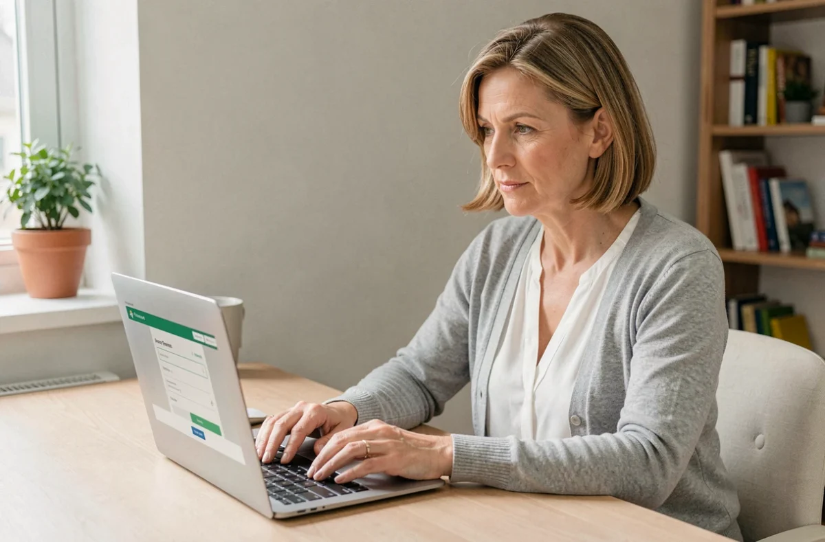 Femme accédant à son espace client MyFoncia sur un ordinateur portable depuis un bureau à domicile