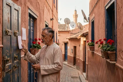 Homme marocain en djellaba examinant une annonce immobilière affichée sur un mur de ruelle dans la médina de Marrakech