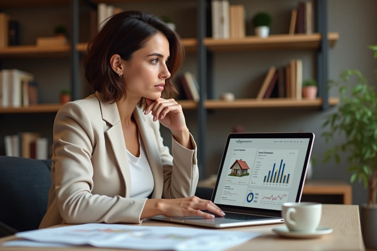 Femme acheteuse immobilier analysant un outil en ligne avant de faire une offre sur un bien