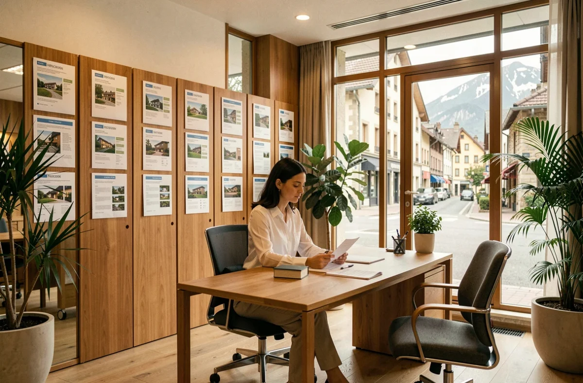 Intérieur moderne de l'agence Abafim avec une agente immobilière au bureau entourée d'annonces de propriétés