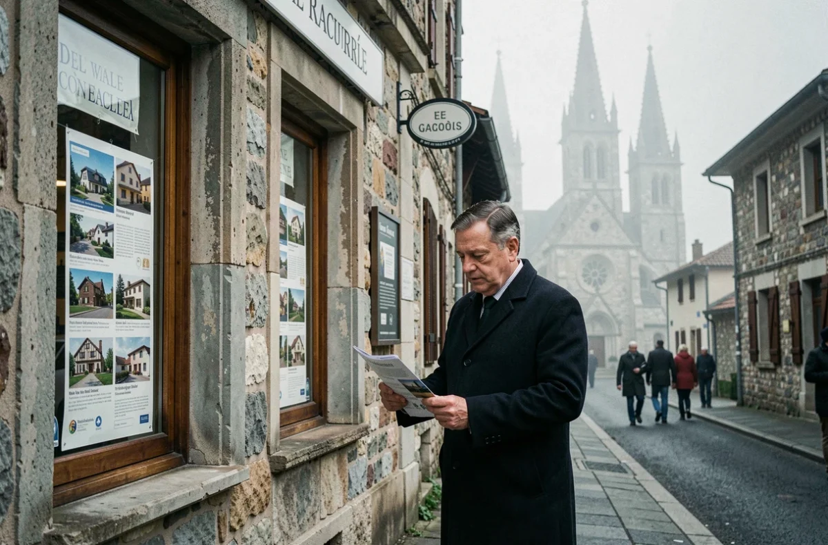 Agence Européenne Gestion à Lourdes avec les flèches de la basilique visibles dans l'arrière-plan brumeux