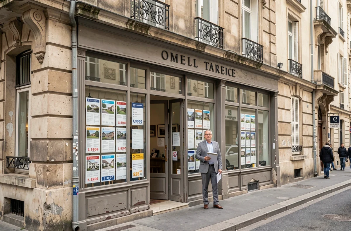 Façade de l'agence immobilière Foch à Tarbes avec un agent devant les vitrines de propriétés à vendre