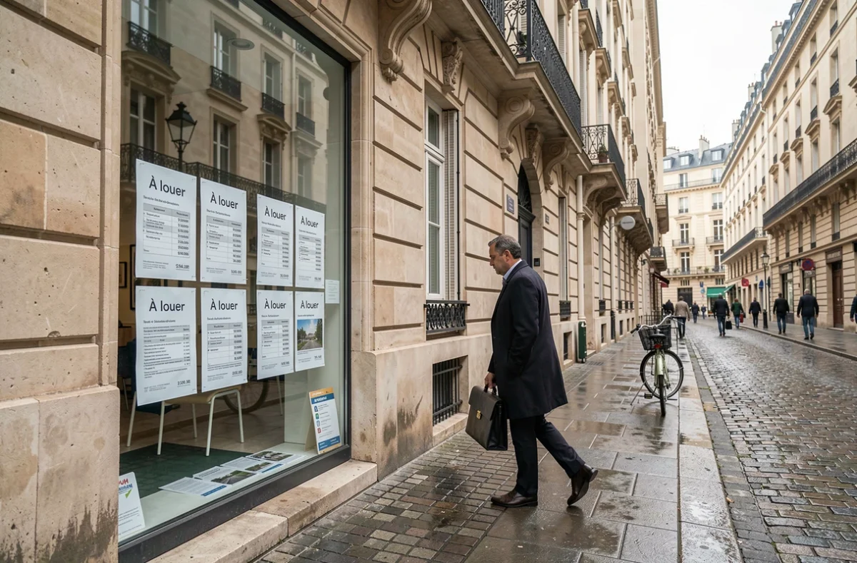 Homme devant une agence immobilière parisienne consultant des annonces de loyers affichées en vitrine