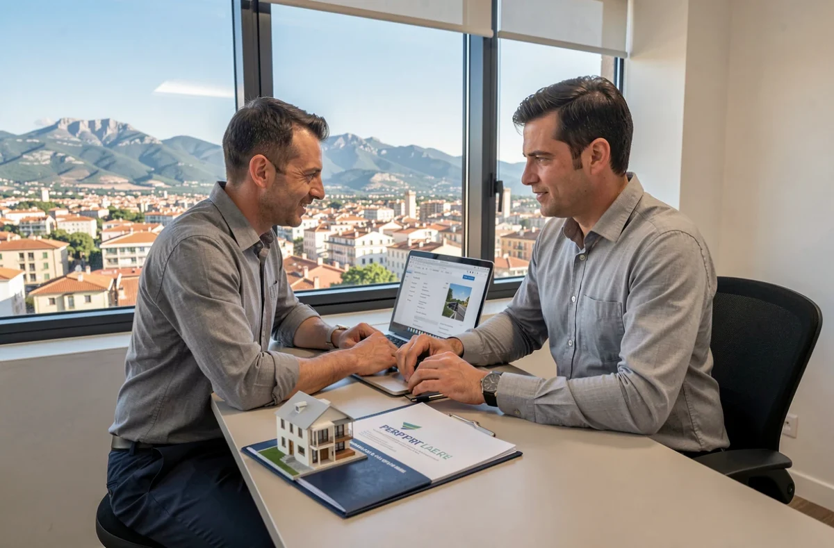 Agent immobilier consultant des annonces dans une agence moderne avec vue sur Perpignan et les Pyrénées