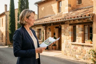 Agente immobilière professionnelle présentant une maison traditionnelle catalane dans les Pyrénées-Orientales