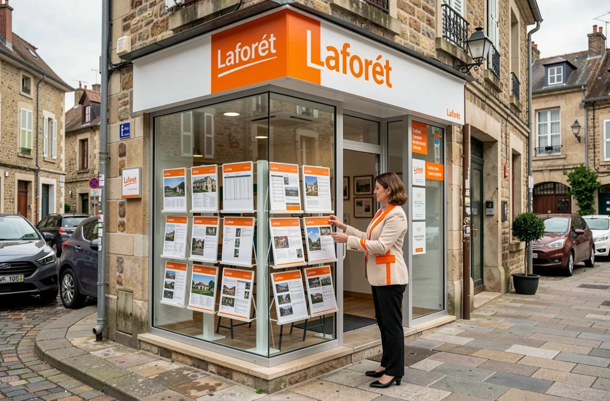 Vitrine orange et blanche de l'agence Laforêt à Tarbes avec une agente arrangeant les annonces immobilières