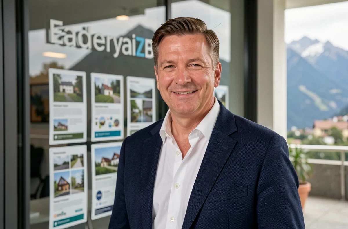 Agent immobilier professionnel devant les vitrines de l'agence Pyrenot dans les Hautes-Pyrénées