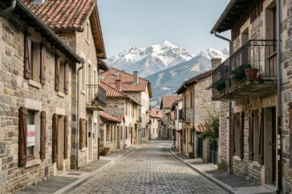 Vue large d'une rue pittoresque dans les Hautes-Pyrénées avec des agences immobilières et des montagnes enneigées en arrière-plan