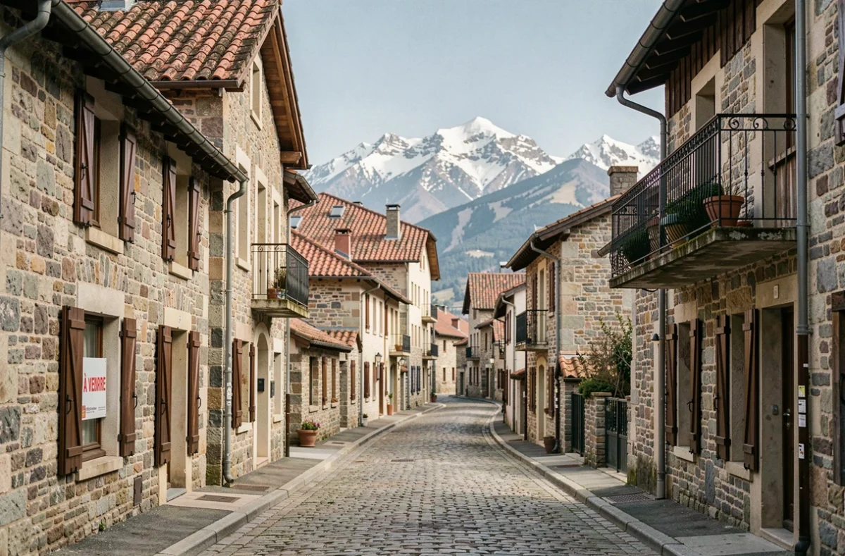 Vue large d'une rue pittoresque dans les Hautes-Pyrénées avec des agences immobilières et des montagnes enneigées en arrière-plan