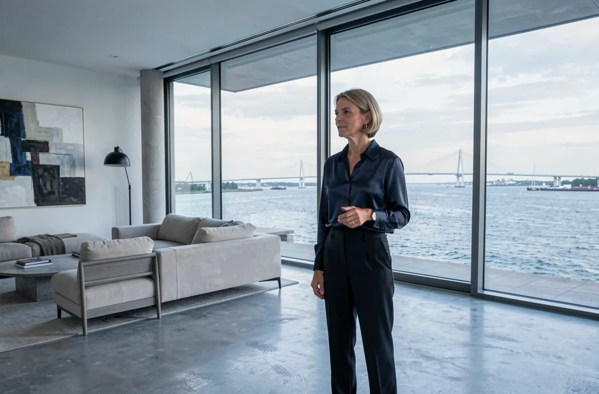 Consultante d'Agences Privées lors d'une visite exclusive d'un appartement de luxe contemporain avec vue panoramique sur l'estuaire de la Seine et le Pont de Normandie