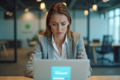 Femme agent immobilier IAD devant son ordinateur portable tentant de récupérer son mot de passe oublié sur l'intranet