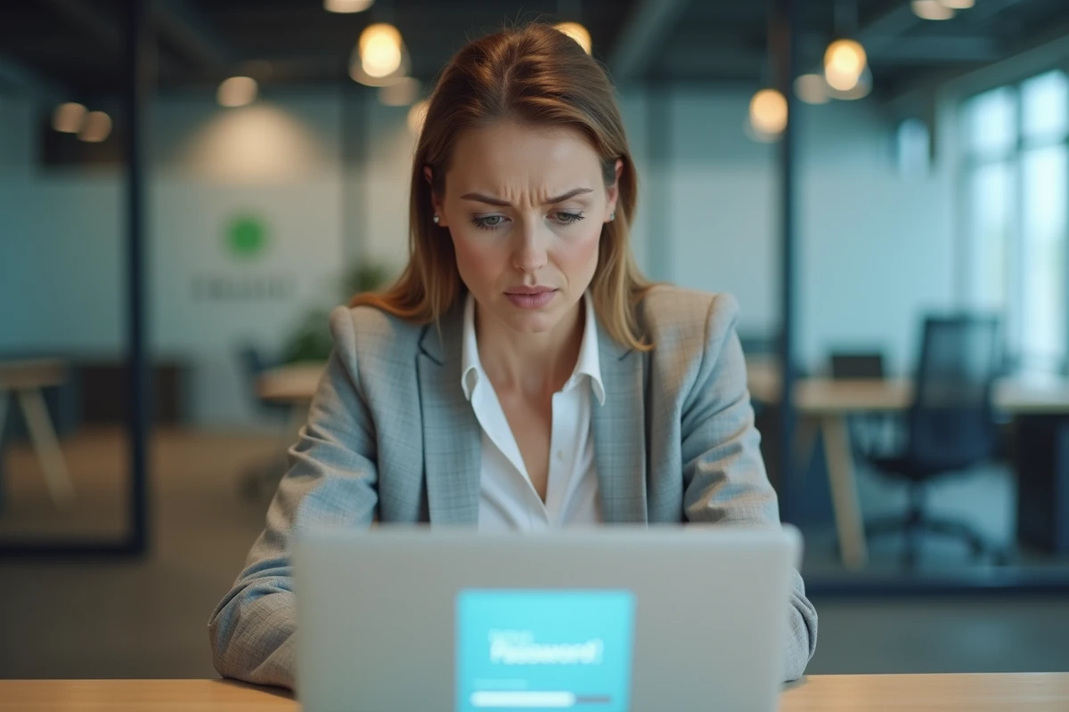 Femme agent immobilier IAD devant son ordinateur portable tentant de récupérer son mot de passe oublié sur l'intranet