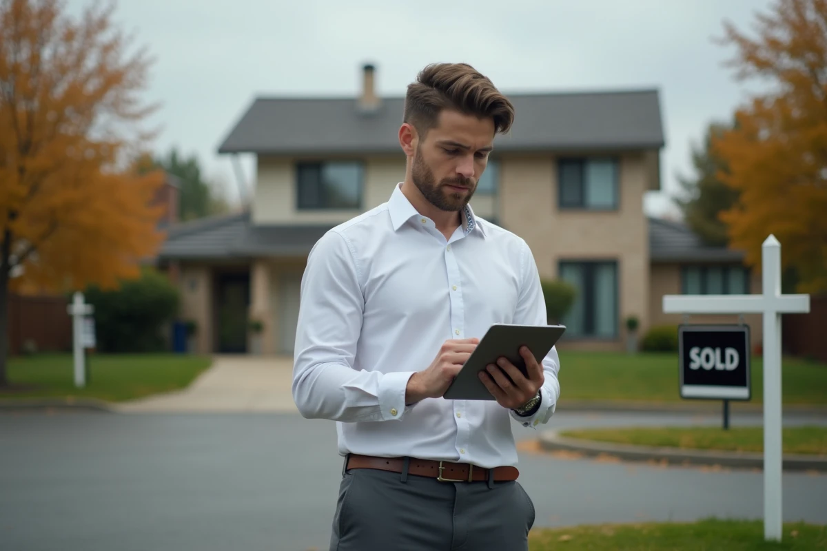 Agent immobilier masculin consultant une application d'estimation devant une maison résidentielle avec panneau vendu