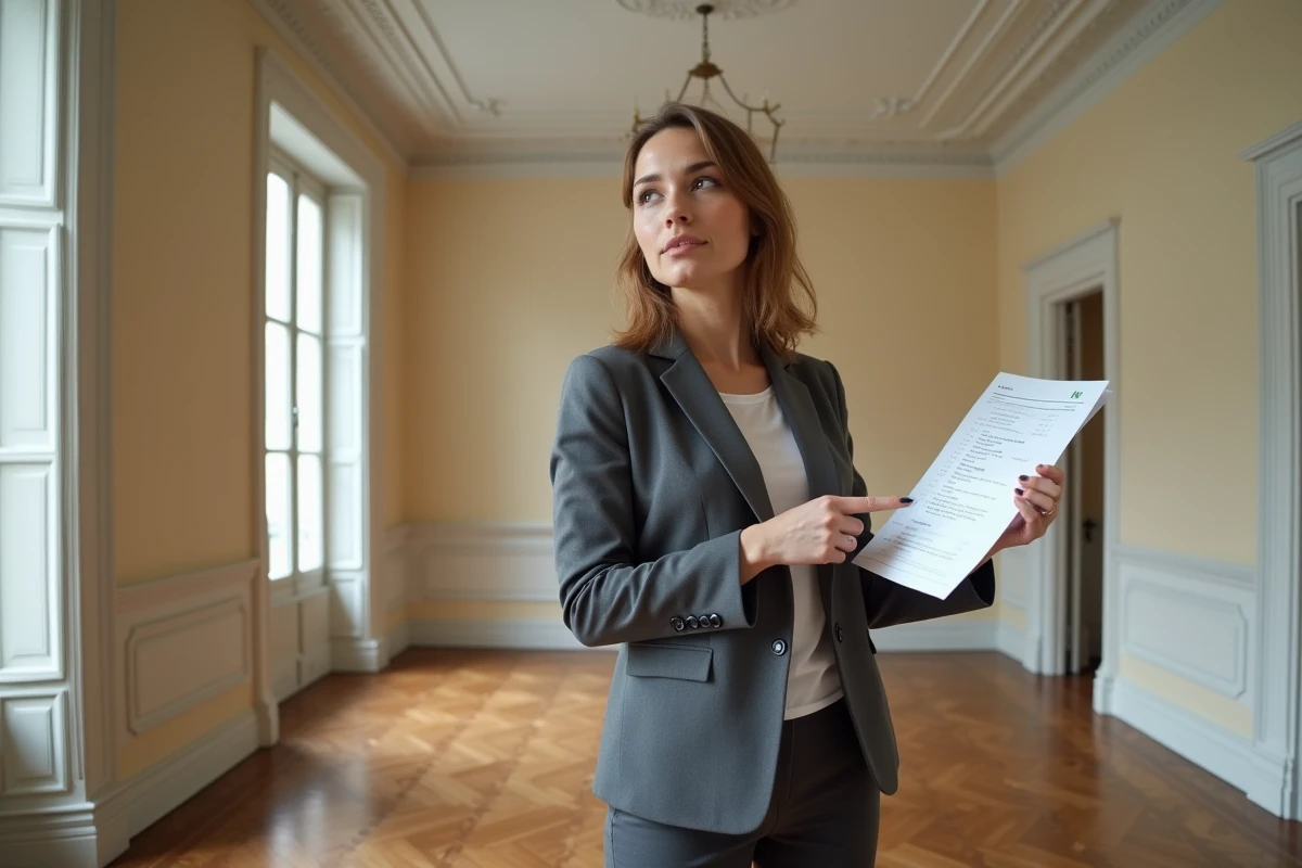 Agent immobilier lyonnais présentant un rapport d'estimation de loyer dans un appartement haussmannien