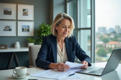 Agent immobilière experte analysant une estimation de bien de prestige sur ordinateur et documents imprimés dans un bureau moderne