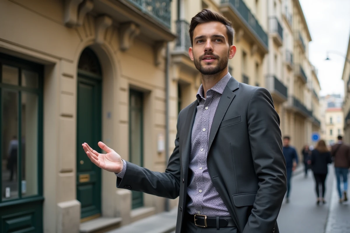 Jeune agent immobilier devant un immeuble lyonnais historique