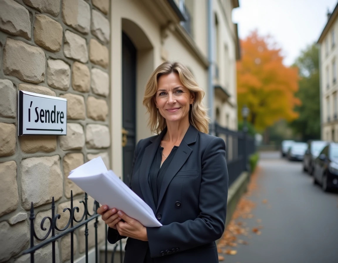 Agent immobilier tenant un dossier de vente devant une maison en mâchefer à vendre avec panneau de mise en vente visible sur la façade en pierre de laitier