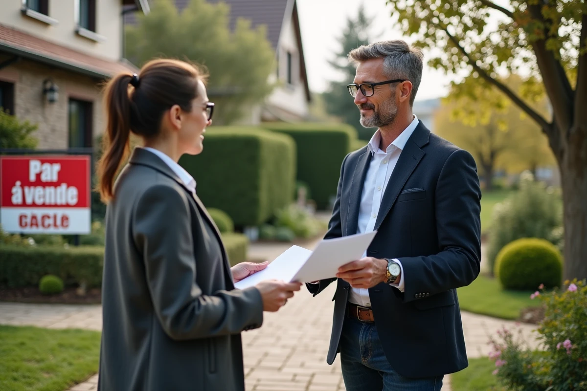 Agent immobilier remettant papier devant maison à vendre