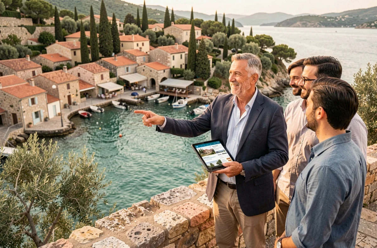 Agent immobilier présentant des terrains en bord de mer à des acheteurs depuis un belvédère avec vue sur un village côtier méditerranéen abordable