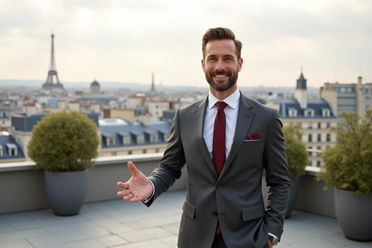 Agent immobilier de luxe sur une terrasse de penthouse parisien avec vue panoramique sur la ville