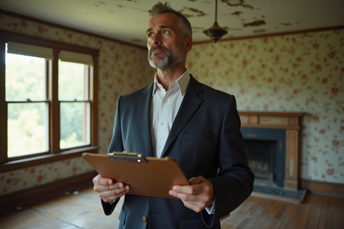 Agent immobilier inspectant un plafond dégradé dans une maison ancienne