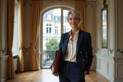 Agente immobilière de luxe dans un appartement haussmannien à Paris, tenant un portfolio en cuir