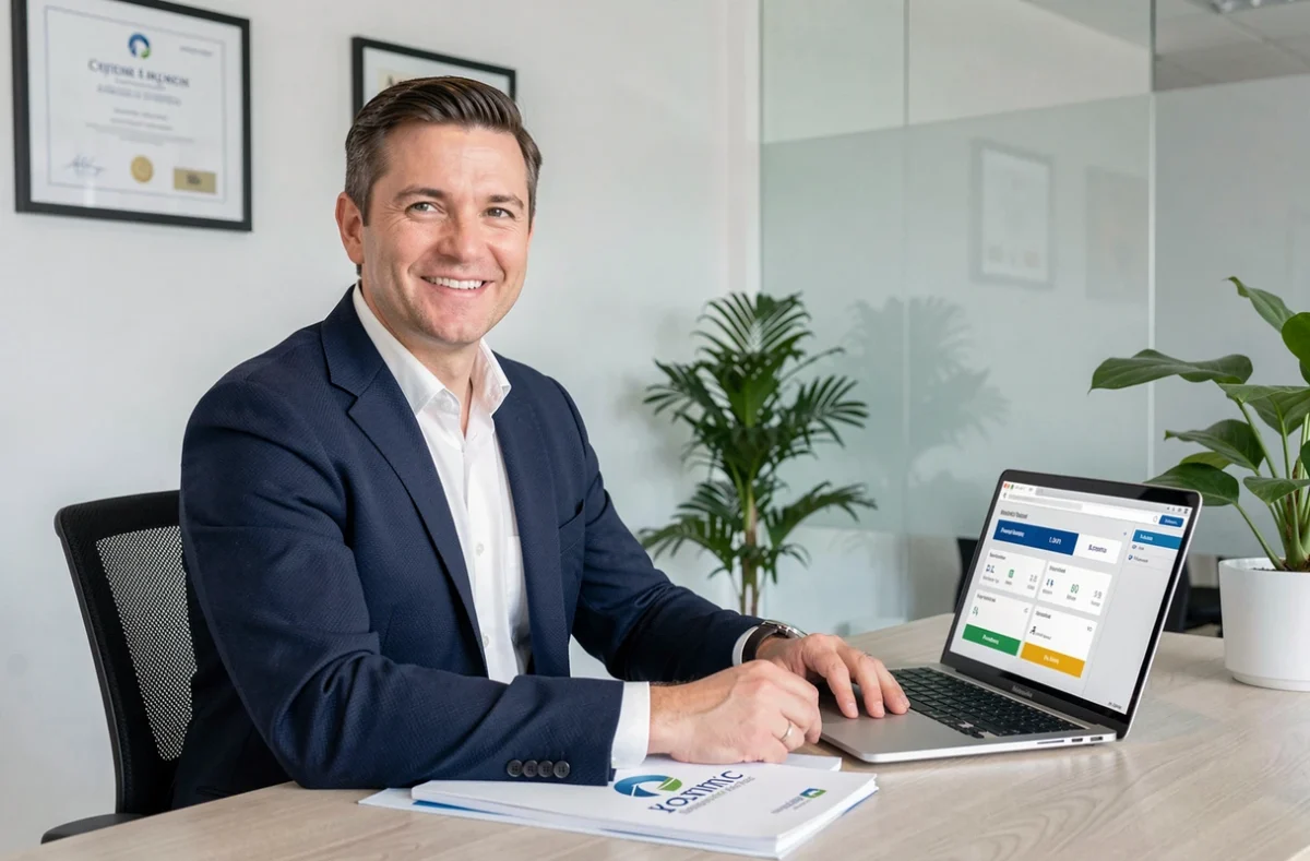 Conseiller Allo Courtier à son bureau avec un ordinateur affichant des simulations de prêt immobilier