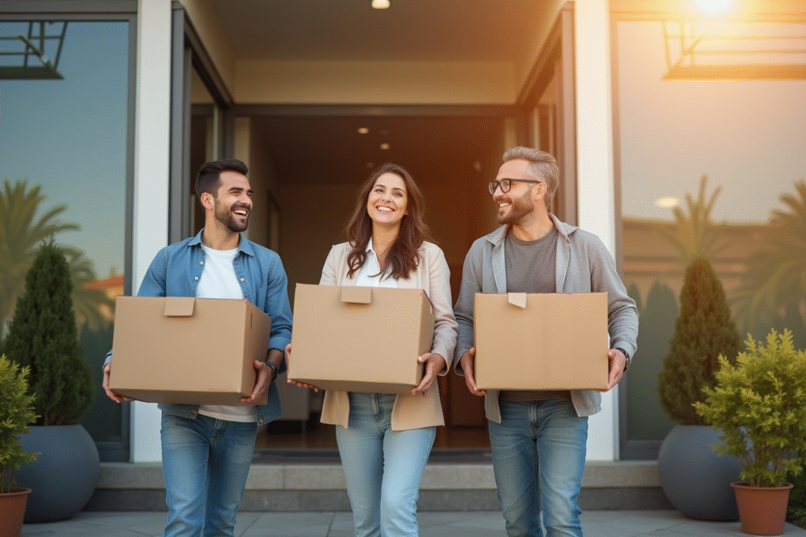 Trois amis heureux portant des cartons dans un appartement lumineux