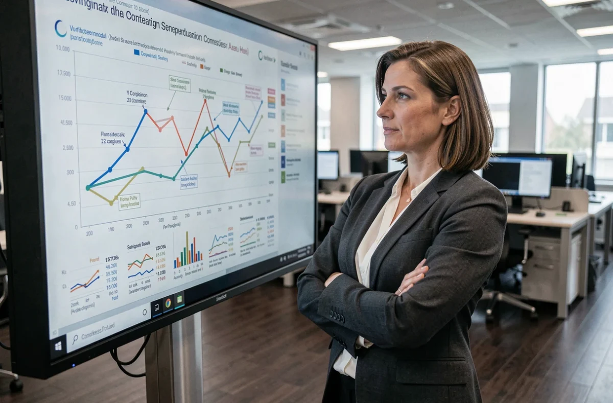 Analyste financière debout devant un écran affichant un graphique de convergence et de projection de revente à moyen terme