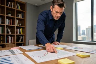 Analyste financier étudiant des graphiques de revente à moyen terme sur un bureau couvert de documents imprimés