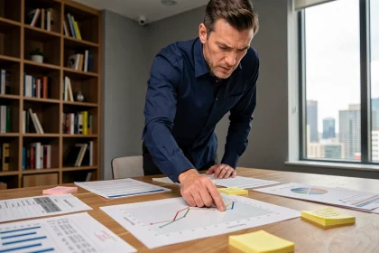 Analyste financier étudiant des graphiques de revente à moyen terme sur un bureau couvert de documents imprimés