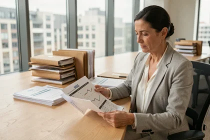 Femme analyste consultant les indices ICC publiés par l'INSEE dans un bureau moderne