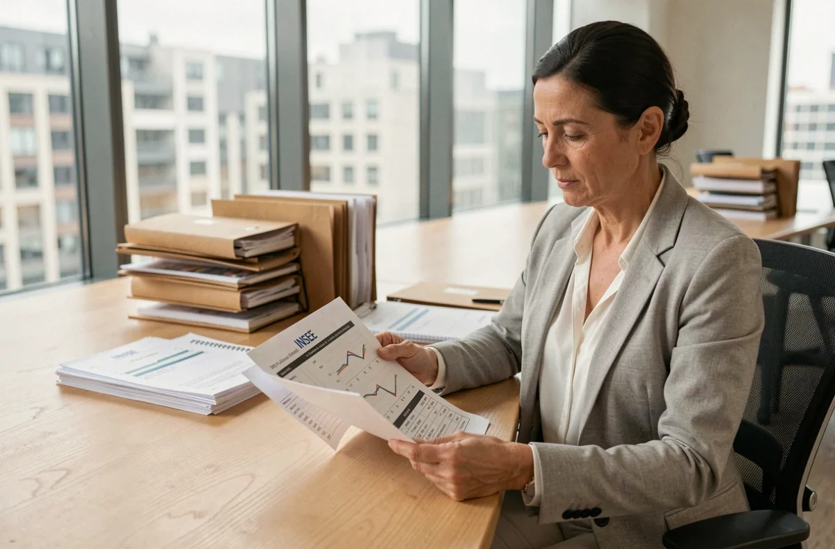 Femme analyste consultant les indices ICC publiés par l'INSEE dans un bureau moderne