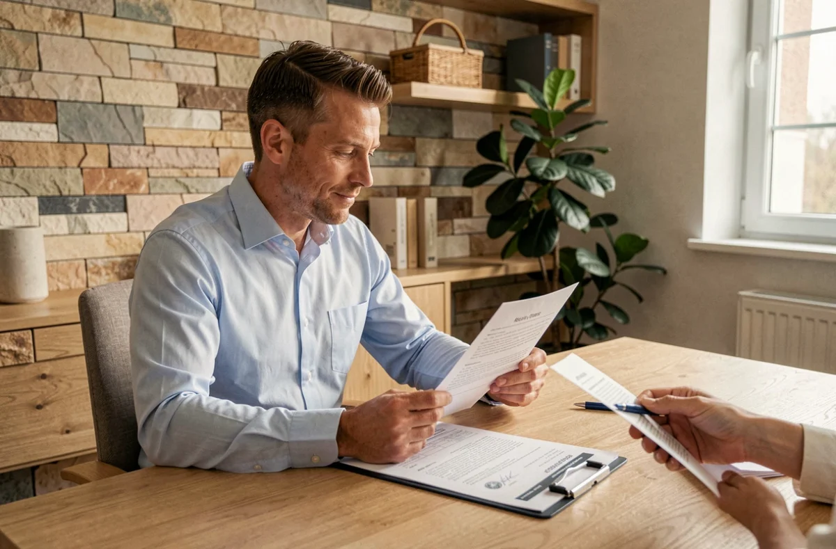 Conseiller Anzen examinant un contrat de prêt immobilier avec analyse des garanties et assurances