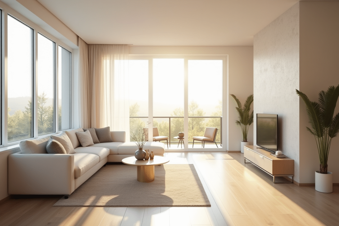 Intérieur lumineux d'un appartement moderne avec grandes fenêtres