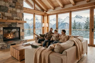 Famille se relaxant dans le salon d'un appartement moderne aux Menuires avec vue panoramique sur les montagnes enneigées