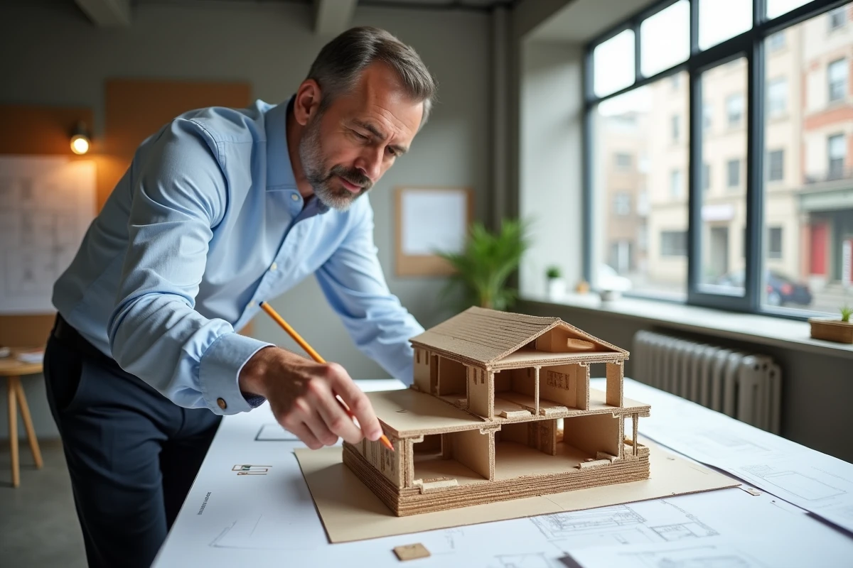 Architecte analysant une maquette en coupe de maison individuelle avec fondations et structure de terrain