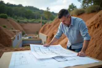 Architecte étudiant un plan sur un site en pente