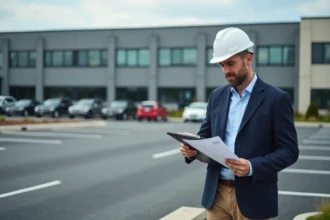 Architecte homme vérifiant un plan de stationnement extérieur