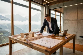 Architecte en Auvergne-Rhône-Alpes travaillant sur des plans dans un studio contemporain avec vue sur les montagnes