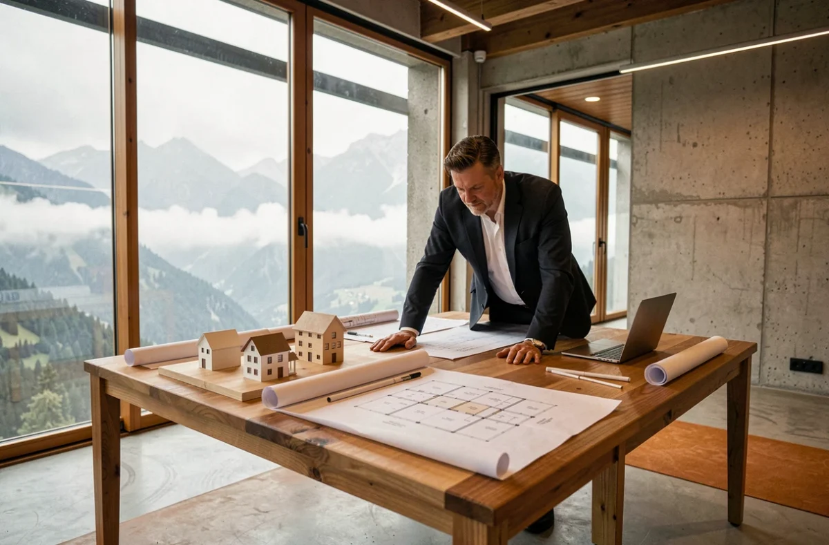 Architecte en Auvergne-Rhône-Alpes travaillant sur des plans dans un studio contemporain avec vue sur les montagnes