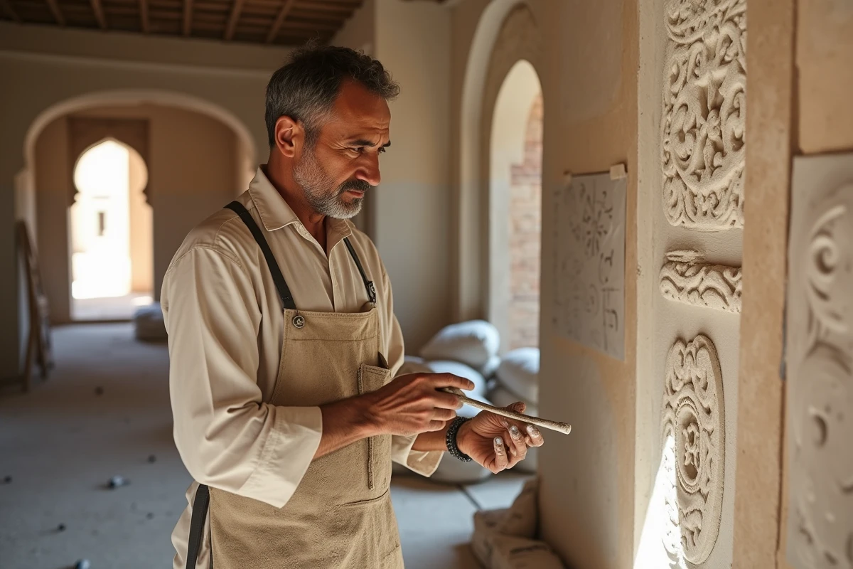 Artisan marocain sculptant le stuc traditionnel lors de la rénovation d'un riad à Marrakech