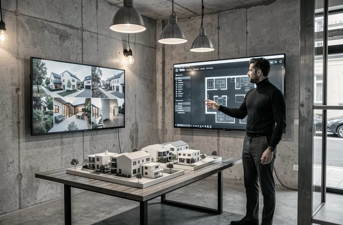Intérieur design de l'agence L'Atelier Immo avec un agent présentant un plan numérique dans un espace de style studio