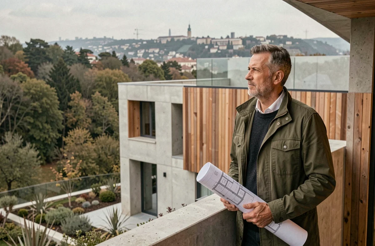 Architecte de l'Atelier Thierry Roche à Sainte-Foy-lès-Lyon sur la terrasse d'une maison contemporaine en béton et bardage bois avec vue sur Lyon