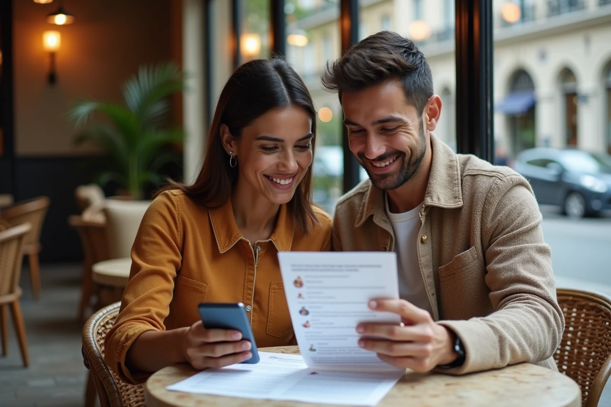 Couple lisant des avis clients sur une agence immobilière dans un café parisien