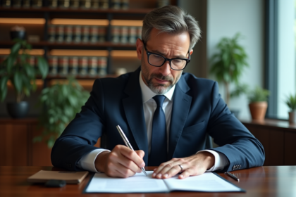Avocat en costume bleu examinant un contrat dans son bureau