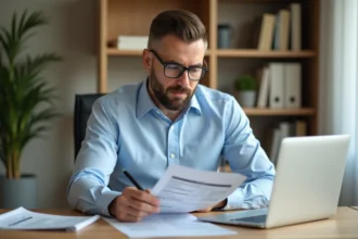 Bailleur consultant une estimation de loyer à Lyon sur son bureau avec des documents immobiliers