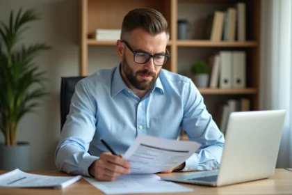 Bailleur consultant une estimation de loyer à Lyon sur son bureau avec des documents immobiliers
