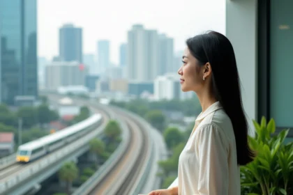 Femme thaïlandaise sur le balcon d'un condo moderne à Bangkok avec vue sur les gratte-ciels et le BTS Skytrain
