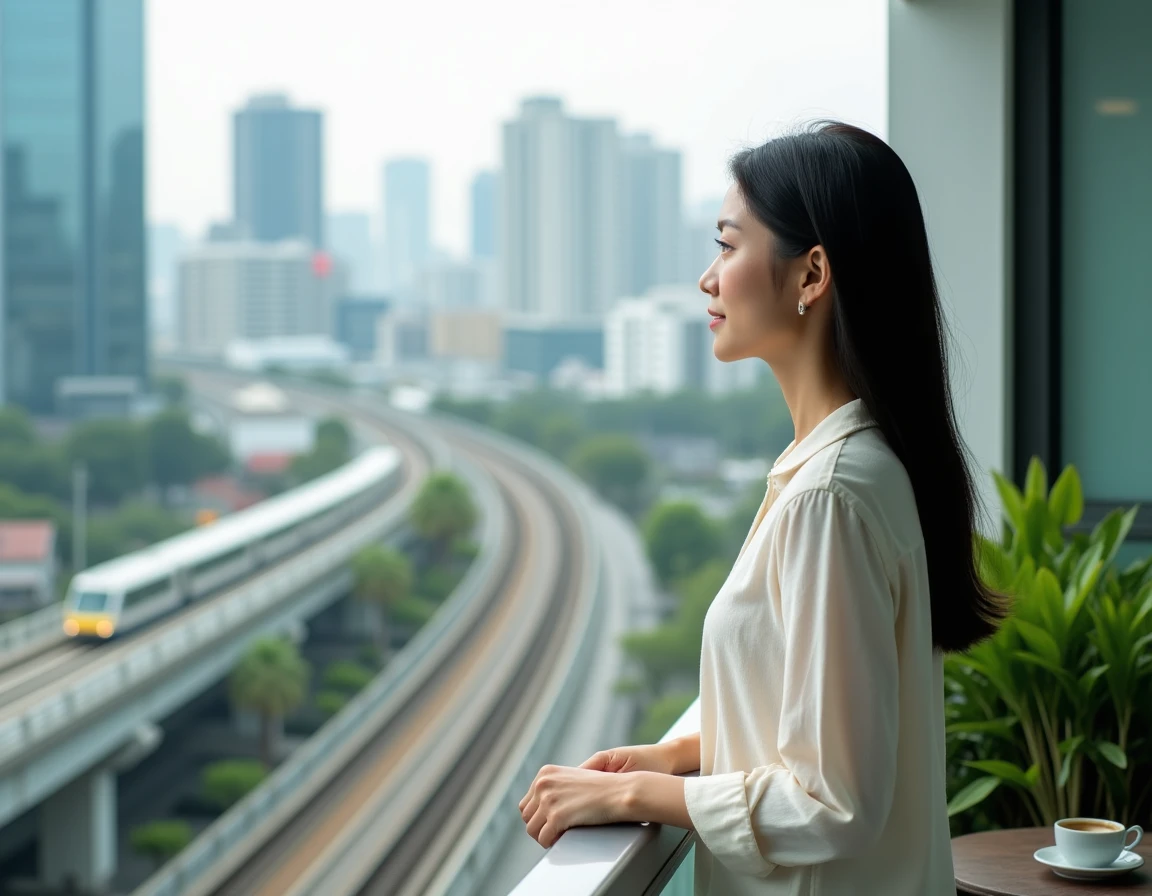 Femme thaïlandaise sur le balcon d'un condo moderne à Bangkok avec vue sur les gratte-ciels et le BTS Skytrain